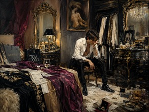 Alone in an extravagant dressing room, a weary man sits surrounded by designer bags, scattered receipts, jewelry, perfume, and expensive clothing. The glamorous surroundings cannot hide his exhaustion. Rich fabrics, gilded mirrors, and dramatic shadows transform the room into a portrait of luxury, emotional debt, and private despair.