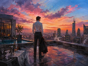Dawn spreads brilliant pink, orange, and violet light across the city as a solitary man stands on a wet rooftop terrace. Holding his coat beside the remains of an elegant celebration, he faces the horizon with uncertainty. The scene suggests awakening, freedom, regret, and the difficult price of independence.