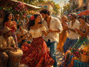 A joyful couple dances through a sunlit street festival as musicians, friends, and vendors celebrate around them. Flowing skirts, hand drums, guitars, flower stalls, and colorful awnings fill the scene with movement. Warm golden light captures the songs welcoming spirit, where love feels open, spontaneous, and impossible to resist.