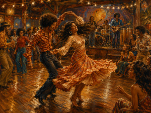Inside a glowing retro dance hall, an energetic couple spins across the polished wooden floor while a live band performs behind them. Friends clap, laugh, and gather close beneath warm strings of lights. Swirling fabric, rhythmic movement, and rich amber tones transform the room into a celebration of attraction, music, and shared joy.