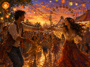 At a vibrant fair beneath a fiery sunset, two lovers reach toward one another through a bustling crowd. Children run along the illuminated pathway while lanterns, streamers, tents, and a glowing Ferris wheel fill the evening. Their approaching hands capture the excitement of reunion and the irresistible invitation to embrace love.