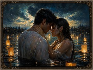 A dramatic romantic hand-painted scene shows two lovers standing waist-deep in dark water, wrapped in a quiet, intimate embrace. Soft lanterns float around them, casting warm golden reflections across the surface, while a stormy twilight sky and distant city lights create a moody, emotional atmosphere. The rich brushwork, glistening wet clothing, and ornate frame deepen the sense of passion, longing, and vulnerable connection.