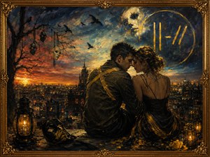 Two lovers sit close above a glowing city, finding tenderness within a world of masks, ravens, and hidden judgment. Fiery sunset light clashes with a brooding blue sky, while lanterns and golden details surround them with fragile warmth. The scene portrays forbidden trust, emotional danger, and love surviving among outsiders.