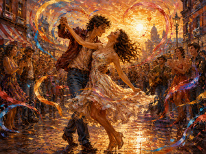 A joyful couple dances through a glowing city street as friends, musicians, and strangers cheer them on. Swirling ribbons of color form a radiant heart behind them, capturing the irresistible excitement of falling in love and being completely carried away by happiness, rhythm, and spontaneous celebration.