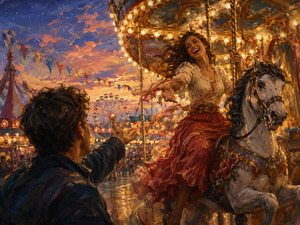 At a brightly illuminated carnival, a laughing woman rides a magnificent carousel horse while reaching toward the man below. Flowing fabric, spinning lights, colorful banners, and a distant Ferris wheel create a romantic moment filled with playful longing, exhilaration, and the dizzying thrill of emotional attraction.