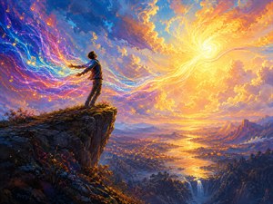 Standing at the edge of a vast cliff, a lone figure opens himself to brilliant streams of music and light sweeping across the sky. The glowing valley below and radiant horizon symbolize surrendering to an overwhelming feeling, where hope, wonder, and emotion become an unstoppable force pulling him forward.