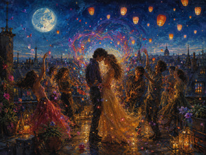 Beneath a glowing moon, two lovers embrace at the center of a magical rooftop celebration. Friends dance around them while musicians play, petals drift through the air, and golden lanterns rise above the city. A swirling heart of color captures the intoxicating beauty of love, music, and shared happiness.