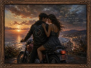 A young couple pauses on a classic motorcycle above a glowing coastal city, sharing an intimate moment beneath a turbulent sunset sky. Golden light spills across the ocean as distant traffic winds through the hills. Rich brushwork, dramatic clouds, and an ornate bronze frame express freedom, uncertainty, devotion, and romantic escape.
