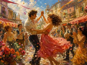 A joyful couple dances through a sunlit village celebration as ribbons, petals, and laughter fill the air. Surrounded by musicians, flowers, and cheering friends, their spontaneous movement captures the instant affection becomes irresistible. Warm light and lively color turn the crowded street into a radiant beginning.
