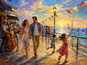 Along a glowing seaside promenade, a smiling couple walks hand in hand while musicians play and children chase shimmering bubbles. Colorful flags dance in the ocean breeze as sailboats drift across the horizon. The scene celebrates carefree companionship, shared laughter, and the simple happiness of allowing love to begin.