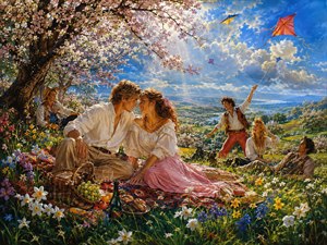 Under flowering trees, a young couple shares a tender moment during a cheerful countryside picnic. Friends laugh, kites rise into dramatic clouds, and wildflowers surround the overflowing picnic blanket. The bright spring landscape reflects new affection, freedom, and the playful optimism of two hearts discovering a future together.