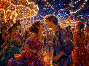 Beneath dazzling carnival lights, a laughing couple finds each other amid music, confetti, carousel horses, and a swirling crowd. Their bright clothing and joyful expressions stand out against the glowing nighttime festival. The painting captures romance beginning unexpectedly, carried forward by celebration, movement, and fearless happiness.
