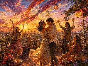 High above the awakening city, a couple embraces and dances in a flower-filled rooftop garden. Friends celebrate beneath lanterns and flowing ribbons as golden sunlight spreads across the skyline. The dramatic sunrise symbolizes hope, freedom, and the beautiful promise created when two people finally let loving start.
