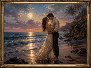 A barefoot couple embraces along a moonlit shoreline as sunset colors fade into deep evening blue. Waves shimmer across wet sand while cliffs, palms, and distant coastal lights frame their quiet moment. Their closeness suggests a love that feels natural, timeless, and impossible to resist.