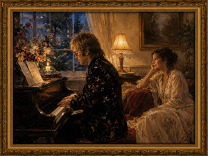 Inside a warmly lit music room, a pianist plays beside an open window while his beloved listens from a nearby sofa. Flowers, candles, sheet music, and soft lamplight create an intimate atmosphere. The scene captures the sincerity of offering someone a simple, personal song from the heart.