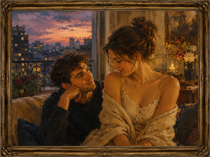 A couple shares a quiet evening in a cozy apartment overlooking the city at dusk. The man watches the woman with open admiration while she smiles shyly beneath a soft wrap. Candlelight, flowers, and glowing windows emphasize affection built on acceptance, honesty, and natural beauty.