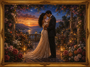 Two elegantly dressed lovers stand forehead to forehead within a magnificent twilight garden overflowing with roses and glowing lanterns. Beyond the terrace, sunset reflects across distant water and mountain valleys. The richly illuminated scene expresses devotion without limits, where two lives appear completely joined.