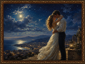 High above a sparkling coastal city, a couple embraces beneath a vast moonlit sky filled with stars and glowing clouds. Her flowing white gown catches the night breeze while warm lantern light surrounds them. The elevated setting transforms their love into something joyful, peaceful, and almost celestial.