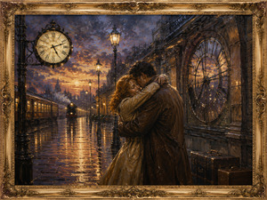At a rain-soaked railway station, two lovers reunite beneath towering clocks and glowing Victorian streetlamps. Wet pavement mirrors the warm evening light while a waiting train and stacked luggage suggest distance and return. Their tight embrace captures loyalty, relief, and the promise of always finding one another.