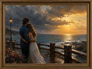 A couple stands together on a weathered seaside walkway after a passing storm. Dark clouds retreat as golden sunlight breaks across the ocean, illuminating waves and wet wooden rails. Held securely in each others arms, they face the horizon with unwavering devotion and renewed hope.
