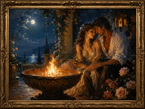 In a moonlit courtyard, two lovers sit closely beside an ornate fire bowl whose bright flame warms their faces. Roses, climbing vines, classical columns, and distant water surround the intimate scene. The contrast between cool night and glowing fire symbolizes love that continues quietly and endlessly.