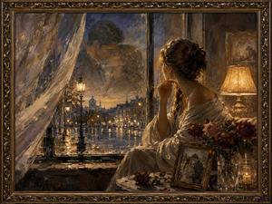 A woman sits beside a rain-streaked window, gazing toward a city glowing with reflected streetlights. Roses, a framed photograph, and a softly lit lamp surround her, while the faint image of a former embrace appears within the glass. The scene preserves love as a beautiful, bittersweet memory.