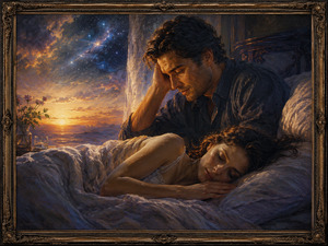 At dawn, a man watches tenderly over his sleeping partner as golden sunlight and lingering stars meet beyond the bedroom window. She rests peacefully beneath soft linens while he remains awake beside her. The quiet scene expresses wonder, protection, and the desire to treasure every moment together.