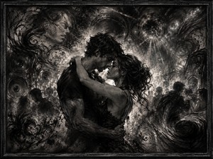 A couple embraces closely in the center of a thunderous charcoal nightclub, their faces nearly touching beneath a fractured disco ball. Towering speakers, shadowy dancers, smoky spirals, and a ghostly womans face surround them. Dense black-to-silver gradients express romance, regret, attraction, and memories that will not let go.