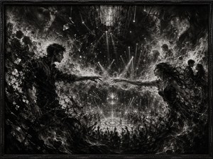 Separated lovers reach toward one another across shattered reflections, charcoal smoke, and glowing musical energy. Below them, a crowded circular dance floor erupts under spotlights and a suspended disco ball. Their fingertips almost connect, symbolizing emotional distance, unfinished romance, and the painful recognition carried through the song.
