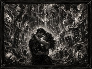 An intimate couple holds each other beneath an enormous chandelier of light, wires, and musical vibrations. Speaker towers rise around the crowded club while broken charcoal fragments reveal faces, solitary figures, and moments from their past. The central embrace becomes a refuge within a chaotic world of regret, desire, and repeating memories.