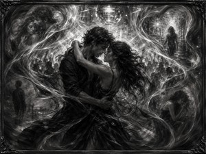 Two lovers dance passionately while translucent charcoal ribbons circle their bodies like remembered emotions. Within the swirling forms appear scenes of closeness, separation, loneliness, and a woman walking away. A bright disco ball illuminates the restless crowd behind them, blending nightclub energy with romance, sorrow, longing, and emotional reflection.