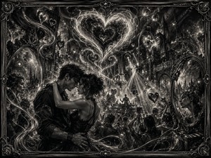 A romantic couple embraces inside an immense gothic nightclub filled with arches, balconies, mirrors, dancers, chandeliers, and brilliant stage lights. Giant hearts formed from luminous charcoal smoke rise above the crowd, while reflected faces watch from ornate mirrors. The dramatic scene transforms painful memories into a dark fantasy celebration of enduring attraction.