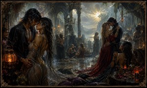 Morning light breaks through ancient arches as rain-soaked partygoers linger among lanterns, cushions, and reflective pools. Passionate couples embrace beneath vines and crumbling stone while distant mountains glow beyond the ruins. Warm candlelight and cool mist create a richly painted dark-fantasy celebration of desire, music, and escape.
