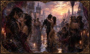 A lavish masked party continues into morning across a wet gothic terrace overlooking a city of towers and spires. Couples dance and embrace beneath candles, crimson drapery, and a brilliant golden sky. Shimmering gowns, dark formal clothing, wine, roses, and ornate architecture give the scene decadent romantic drama.