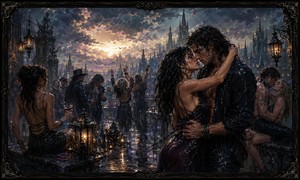 High above a shadowed fantasy city, rain-drenched partygoers celebrate beneath storm clouds and glowing morning light. A passionate couple dominates the scene while dancers, musicians, and lovers gather among lanterns and wet stone. Gothic spires and fiery reflections capture the rebellious dream of living inside a rock-and-roll fantasy.