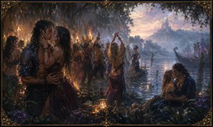 Beside a mist-covered lake, an intense romantic celebration unfolds as morning approaches. Wet couples kiss and dance near fading fires while lanterns illuminate goblets, flowers, and dark foliage. A distant castle and decorated boat rise through the haze, transforming the wild gathering into a seductive fantasy of freedom and longing.
