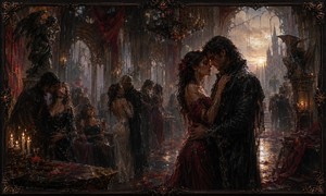 Inside a magnificent ruined ballroom, dawn streams through broken arches onto a gathering of soaked dancers and embracing lovers. Red gowns, black coats, candles, chandeliers, statues, and scattered petals fill the hall with dramatic decadence. The intimate foreground couple embodies the songs fantasy of passion surviving after the party ends.