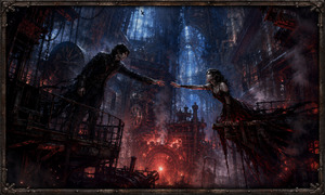 Two lovers reach across a ruined cathedral of gears, suspended above a blazing mechanical core. Cold blue light and furnace-red fire divide the vast factory, while chains, smoke, and broken platforms surround them. Their nearly touching hands capture desperate longing, danger, and the painful choice between rescue and self-preservation.