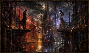 Across a flooded industrial city, a man and woman stand on separate platforms connected only by glowing wires and drifting gears. Fiery orange light burns behind him while violet-blue energy surrounds her. Towering pipes, rusted machinery, and storm clouds transform their separation into a haunting symbol of love stretched beyond endurance.