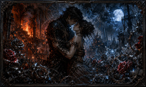 Beneath a brilliant moon, an embracing couple is surrounded by metallic roses, shattered glass, chains, and burning factories. Warm furnace light clashes with icy blue night, creating a romantic world divided between passion and destruction. Their intimate pose suggests comfort, surrender, and devotion inside a mechanical garden built from pain.