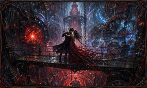 A couple dances on a narrow bridge suspended inside a colossal engine chamber. Giant gears, glowing reactors, heavy chains, and swirling energy surround their fragile moment of passion. Her red dress streams through the machinery like living fire, while the abyss below suggests love continuing despite danger, collapse, and emotional ruin.