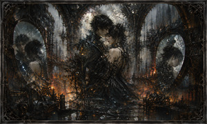 Inside a shattered industrial palace, two lovers hold each other while their reflections fracture across enormous broken mirrors. Rain, fire, smoke, and twisted machinery blur their bodies into the surrounding ruins. The scene portrays romance as both shelter and destruction, capturing heartbreak, dependence, memory, and the struggle to remain whole.