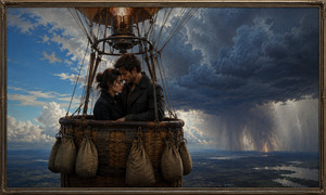 Two lovers stand close inside a weathered hot-air balloon basket, surrounded by hanging sandbags and intricate rigging. A brilliant blue sky opens behind them while an immense storm releases heavy rain and distant lightning. Their quiet embrace contrasts with the approaching darkness, capturing tenderness, danger, and emotional uncertainty.