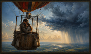 High above a sunlit landscape, a couple shelters in each others arms inside a richly woven balloon basket. Warm clouds glow behind them as a towering wall of dark rain advances across the horizon. The balloons ropes, burners, fabric, and sandbags are rendered with striking realism and bittersweet romantic intensity.