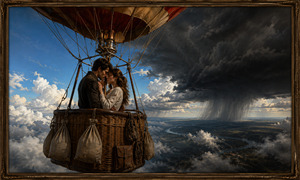 A passionate couple shares an intimate moment beneath the balloons ropes and burner assembly. Bright blue skies and white clouds surround one side, while a massive black storm dominates the other. Sandbags sway from the detailed wicker basket as the lovers remain focused on each other above the distant rivers and countryside.