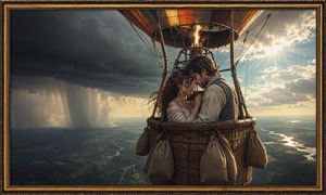 Suspended between sunlight and shadow, two lovers lean together inside a grand hot-air balloon. Golden rays illuminate their faces while heavy rain falls beneath a dark cloud bank nearby. Multiple sandbags line the wicker basket, reinforcing the sense of realism, vulnerability, and fragile love moving through an uncertain sky.