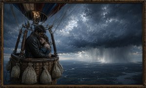 Rain surrounds a solemn couple embracing inside a dark, weather-beaten balloon basket. Heavy clouds roll across the entire horizon, broken only by a pale opening of light above. Wet clothing, detailed rigging, woven wicker, and hanging sandbags create a deeply realistic scene of devotion enduring against sorrow, isolation, and approaching danger.