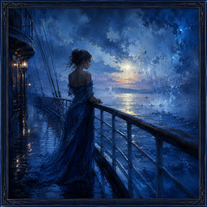 A solitary woman leans against the rain-polished railing of a moonlit ship, wrapped in a flowing blue gown. Deep pencil shading defines the deck, rigging, and stormy clouds, while silver twilight reflections shimmer across the ocean. The ornate navy frame reinforces the paintings quiet atmosphere of longing and romantic sorrow.
