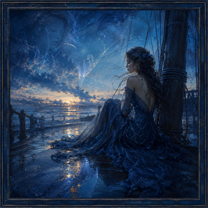 Seated beside the ships mast, a woman gathers her elaborate blue dress as wind moves through her hair. A ghostly face appears within the turbulent sky, suggesting memory and heartbreak. Golden horizon light crosses the wet deck, contrasting with dense indigo shadows and creating a tender, dreamlike portrait of loneliness.