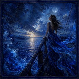 Standing at the bow, the woman looks toward a glowing horizon beneath a pale moon. Her transparent blue gown seems to merge with curling waves and ribbons of light. An abstract tearful face floats among the clouds, turning the dramatic seascape into a symbolic reflection of yearning, distance, and emotional surrender.